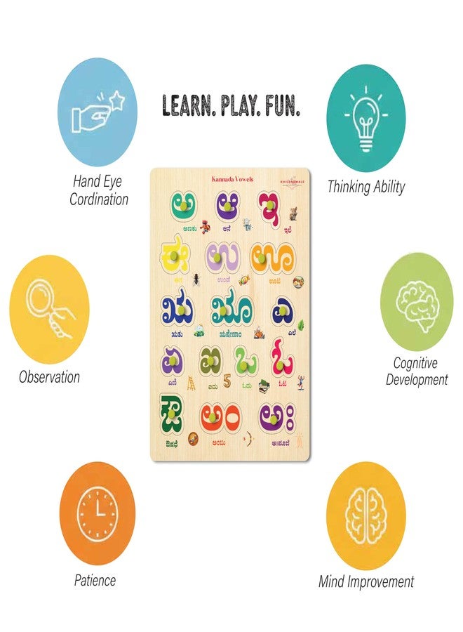 Khilonewale Wooden Kannada Alphabet Knob Puzzle for Kids (3+ Years) | 9x12 Inch Educational Learning Board | Preschool Montessori Toy for Toddlers | Fine Motor Skill Development (Kannada Vowel) - Image 4